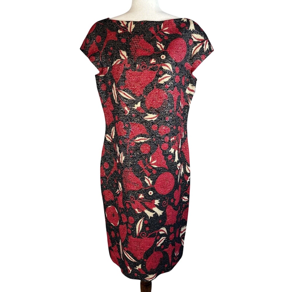 Moschino Womens Sheath Dress 14 Floral Red Black Gold‎ Shimmer Wool Silk